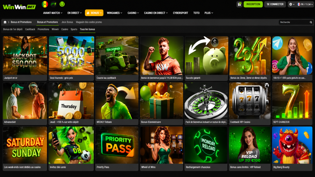 Homepage promotions grid on a dark betting site with colorful tiles for jackpots, bonuses and casino promos.
