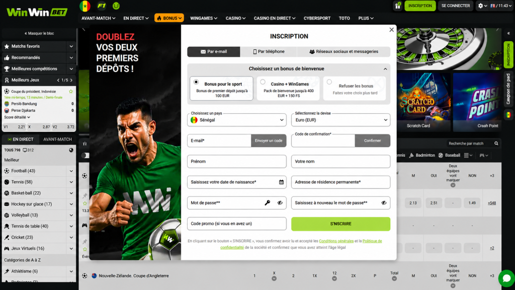 Registration modal for WinWin Bet site with a form in French to sign up by email, phone, or social media.