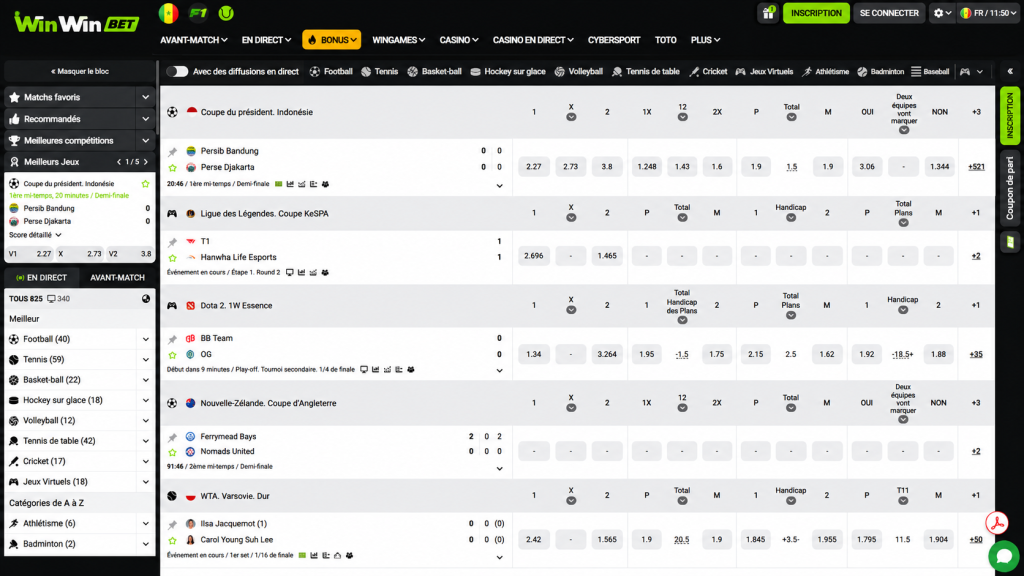 Betting site interface showing a central list of live matches with odds and a left navigation panel, header with signup/login buttons, and a dark themed dashboard.