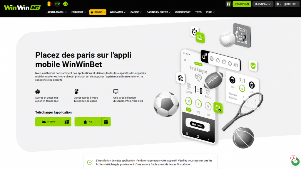 Hero section promoting the WinWinBet mobile app with a French headline about placing bets and green download buttons for Android and iOS, plus a 3D phone mockup and sports icons on the right.